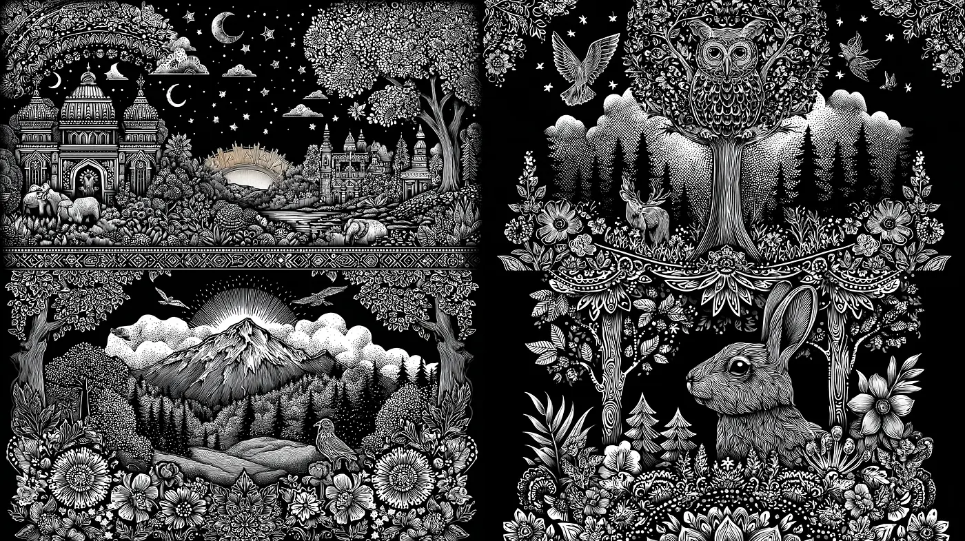 Intricate Black and White Nature Scenes with Whimsical Elements - Midjourney sref style