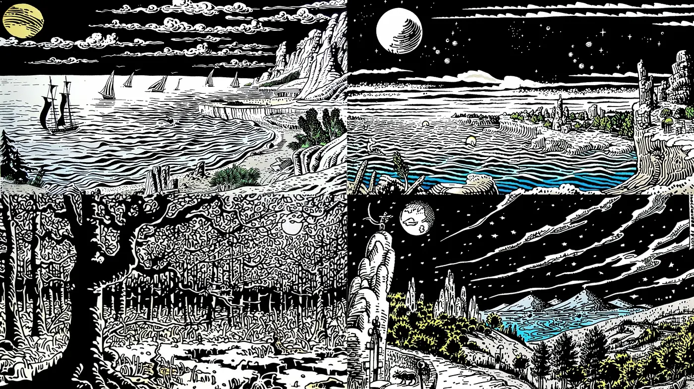 Starry Nocturnal Dreamscape in Stippled Monochrome - Midjourney sref style