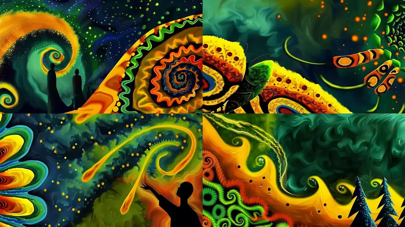 Psychedelic Whirls and Luminous Patterns - Midjourney sref style