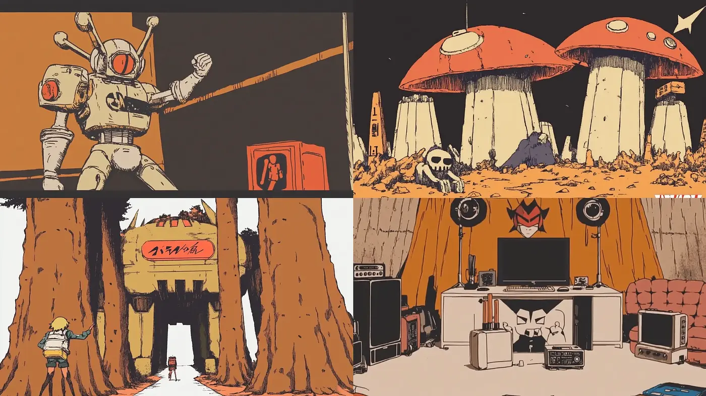 Retrofuturistic Exploration with Earth-Toned Palette and Bold Line Art - Midjourney sref style