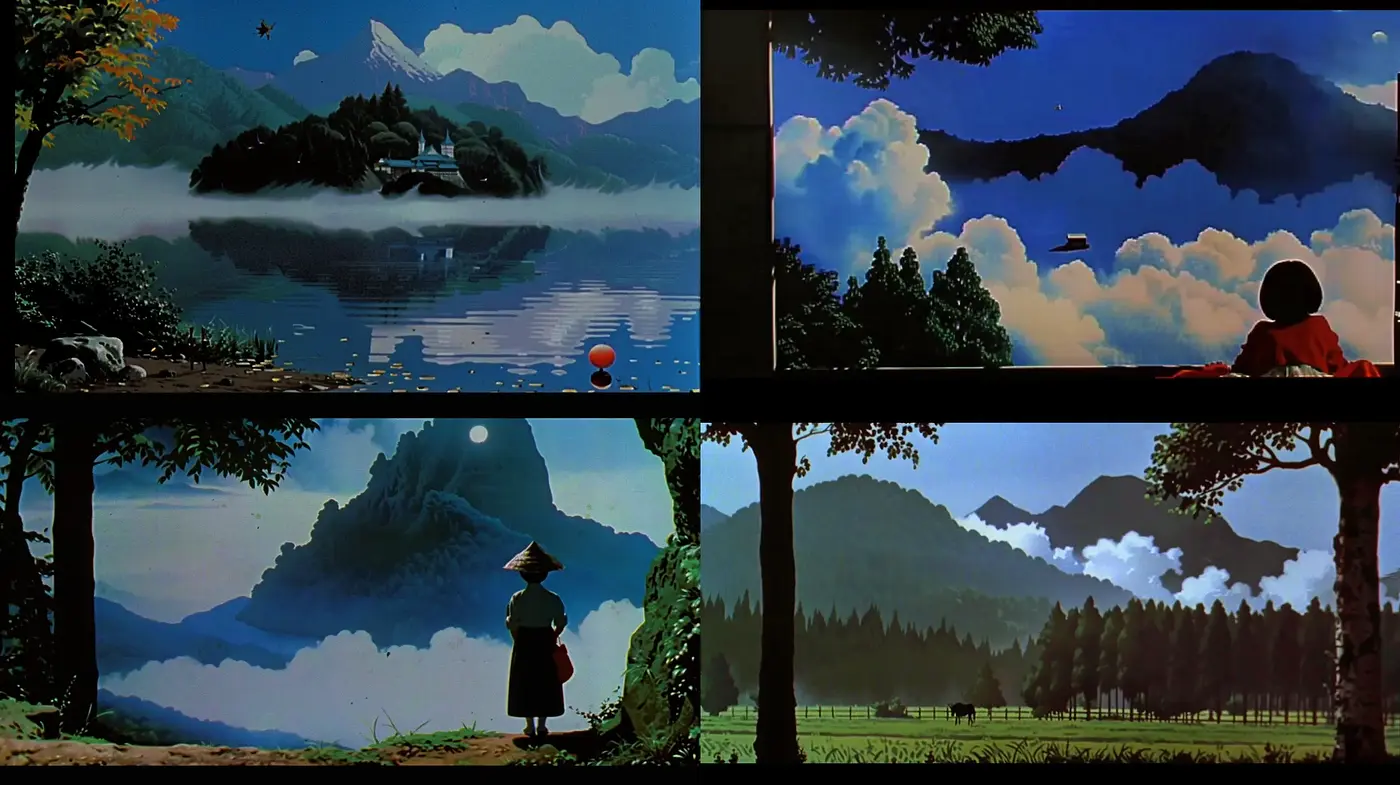 Serene Eastern Landscape Interpretations in Vivid Animation Shades - Midjourney sref style