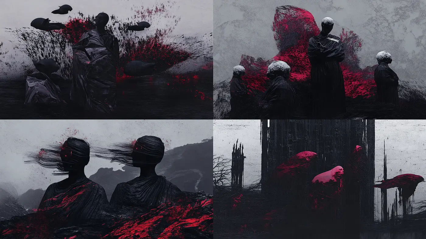 Ethereal Monochrome Dreamscape with Crimson Accents - Midjourney sref style