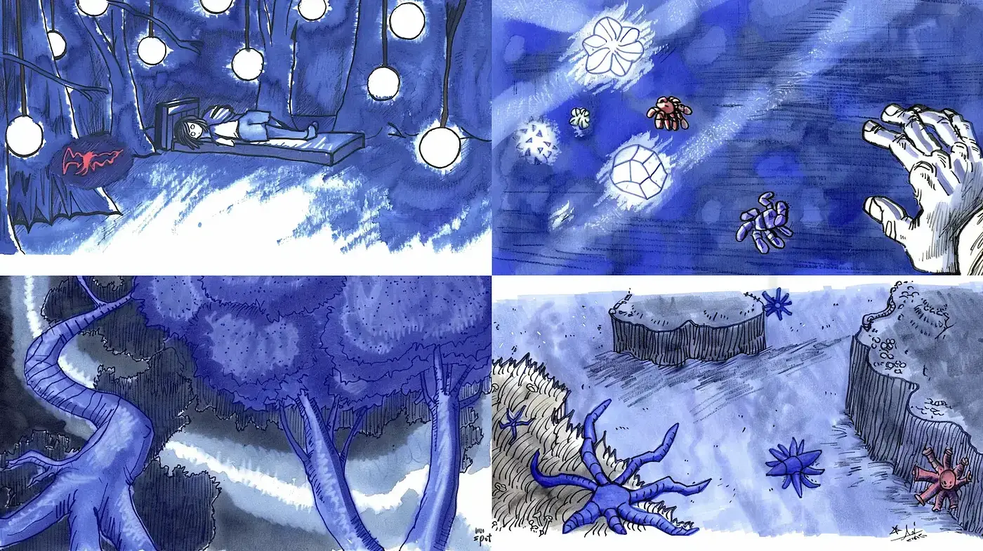 Exploration of Surreal, Dream-like Landscapes in Shades of Blue - Midjourney sref style