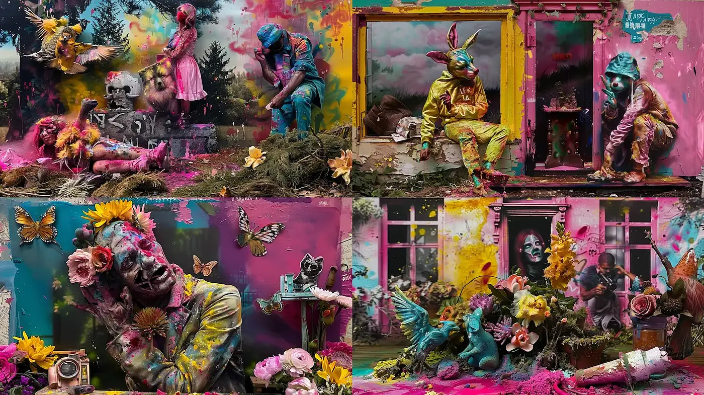 Vivid and Surreal Color Explosion with Societal Undertones - Midjourney sref style