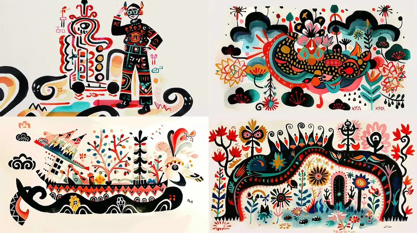 Vibrant Folk Art Inspired by Nature and Whimsy - Midjourney sref style