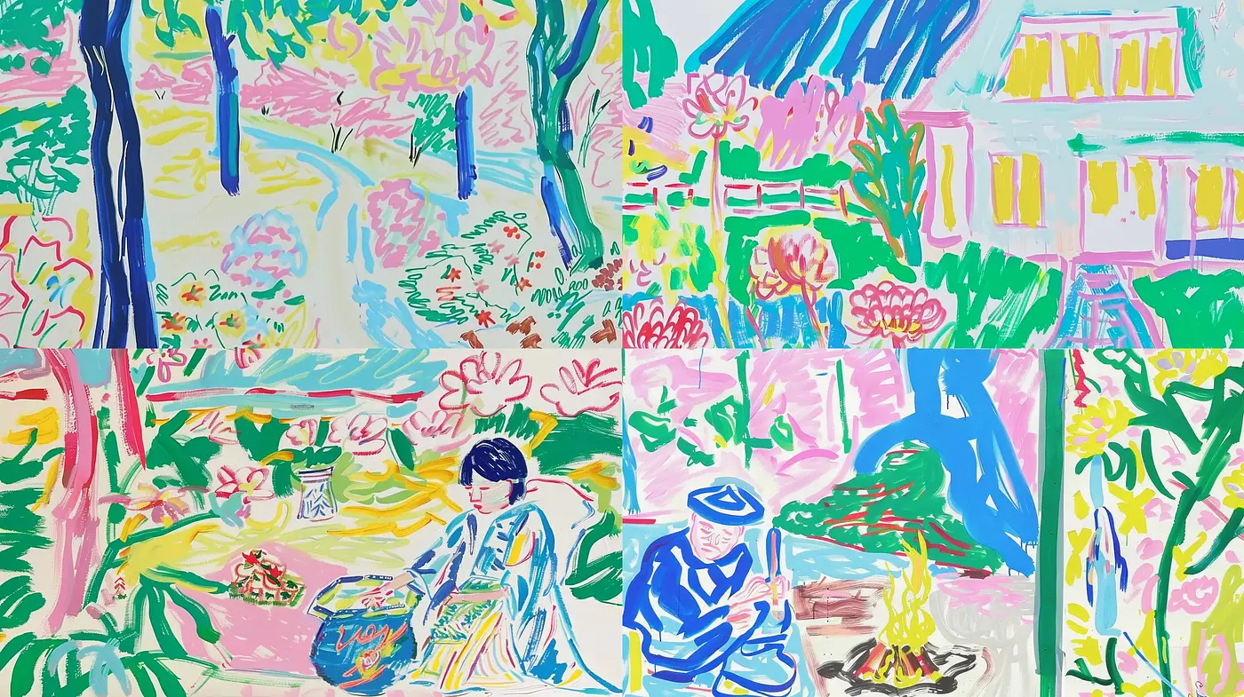 Expressive Brushwork and Bold Contour Lines in a Lush Garden Setting - Midjourney sref style