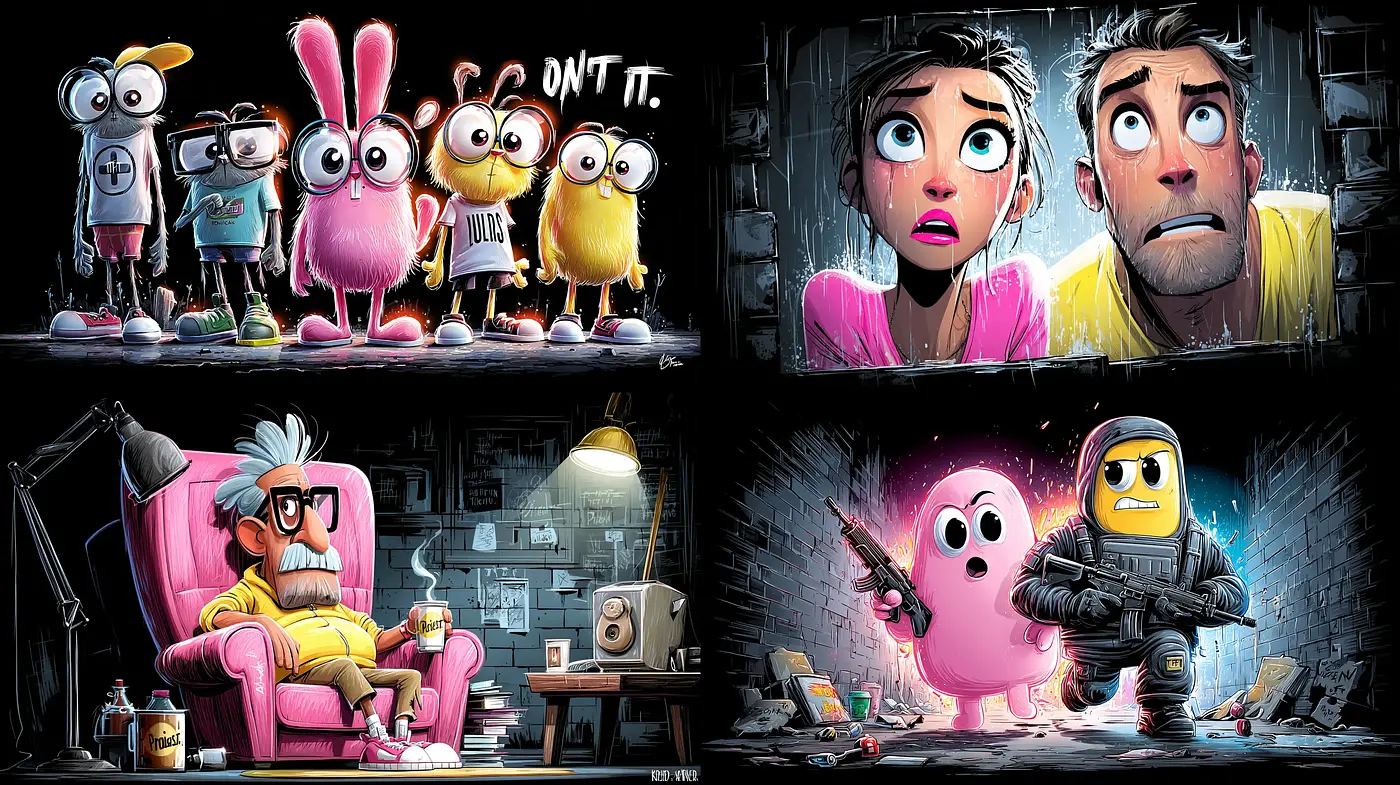 Playful yet tense cartoon style with bold color contrasts - Midjourney sref style