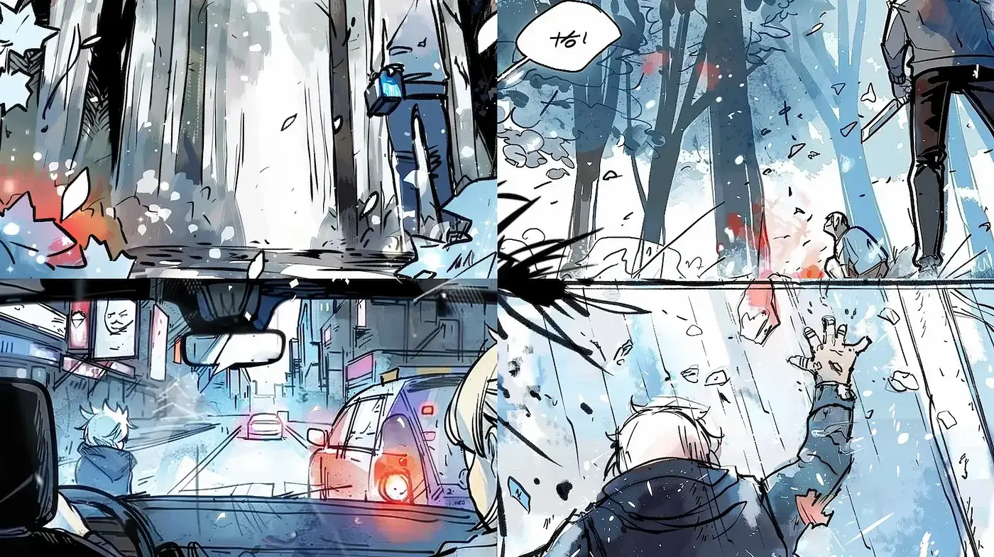 Dynamic Urban Winter Landscape with Comic Influences - Midjourney sref style