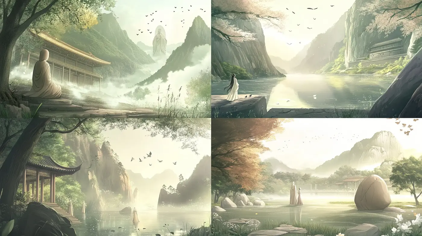 Tranquil Vistas of Eastern Serenity: A Homage to Traditional Asian Landscapes - Midjourney sref style