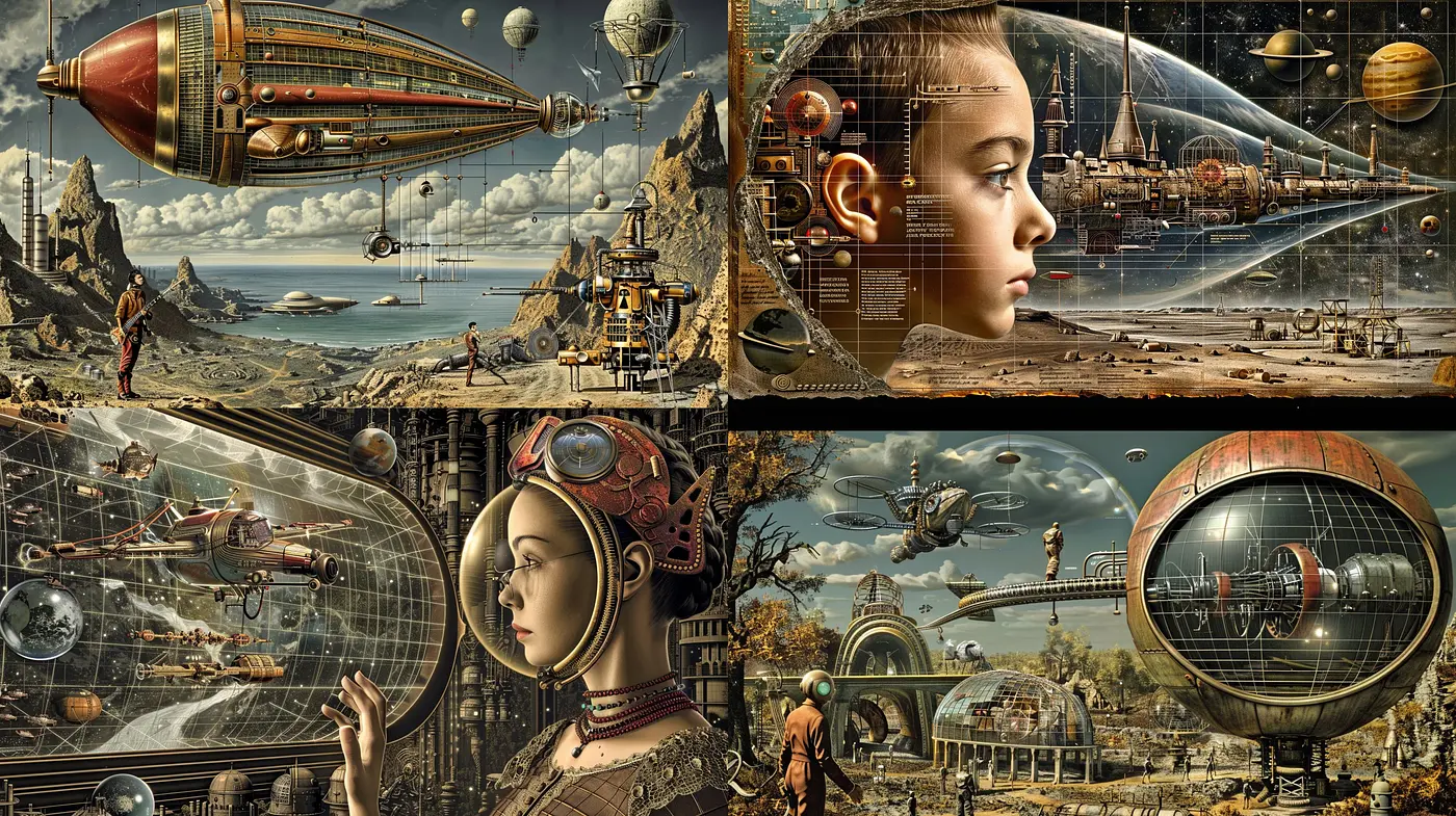 Dystopian Steampunk Dreamscape: An Homage to Retrofuturistic Visions - Midjourney sref style