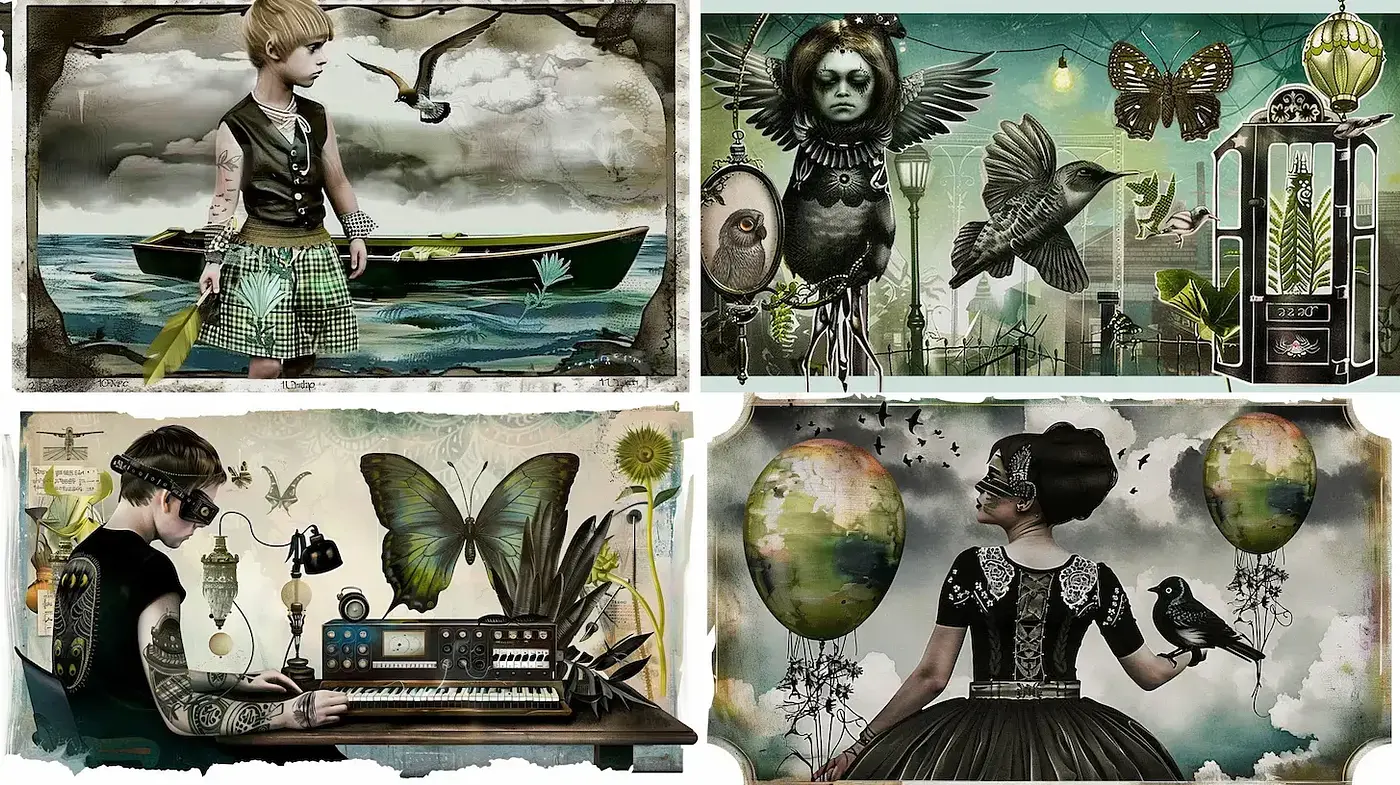 Surreal and Symbolic Imagery with Steampunk Influences - Midjourney sref style