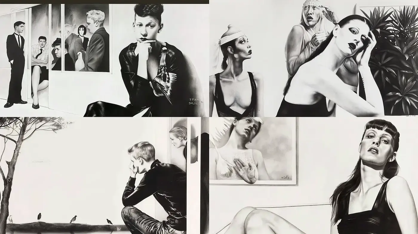 Elegant Monochromatic Portraiture with Surrealist Elements - Midjourney sref style