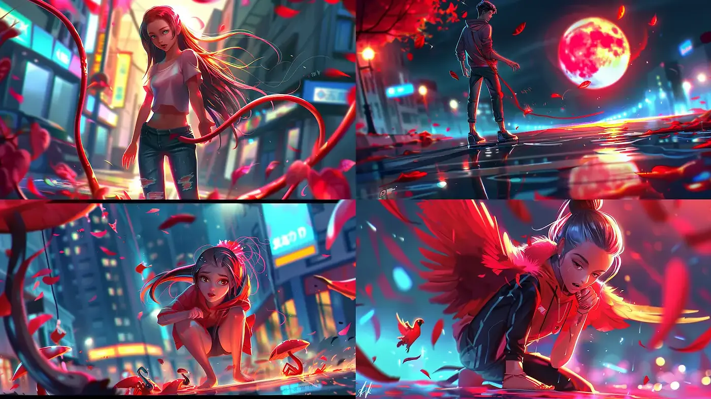 Vibrant urban fantasy with dynamic character interactions - Midjourney sref style