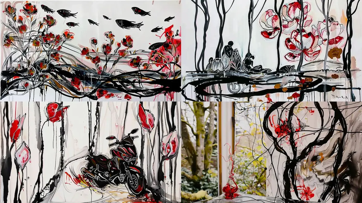 Dynamic and Expressive Abstract Floral and Nature Scenes with Bold Brushwork - Midjourney sref style