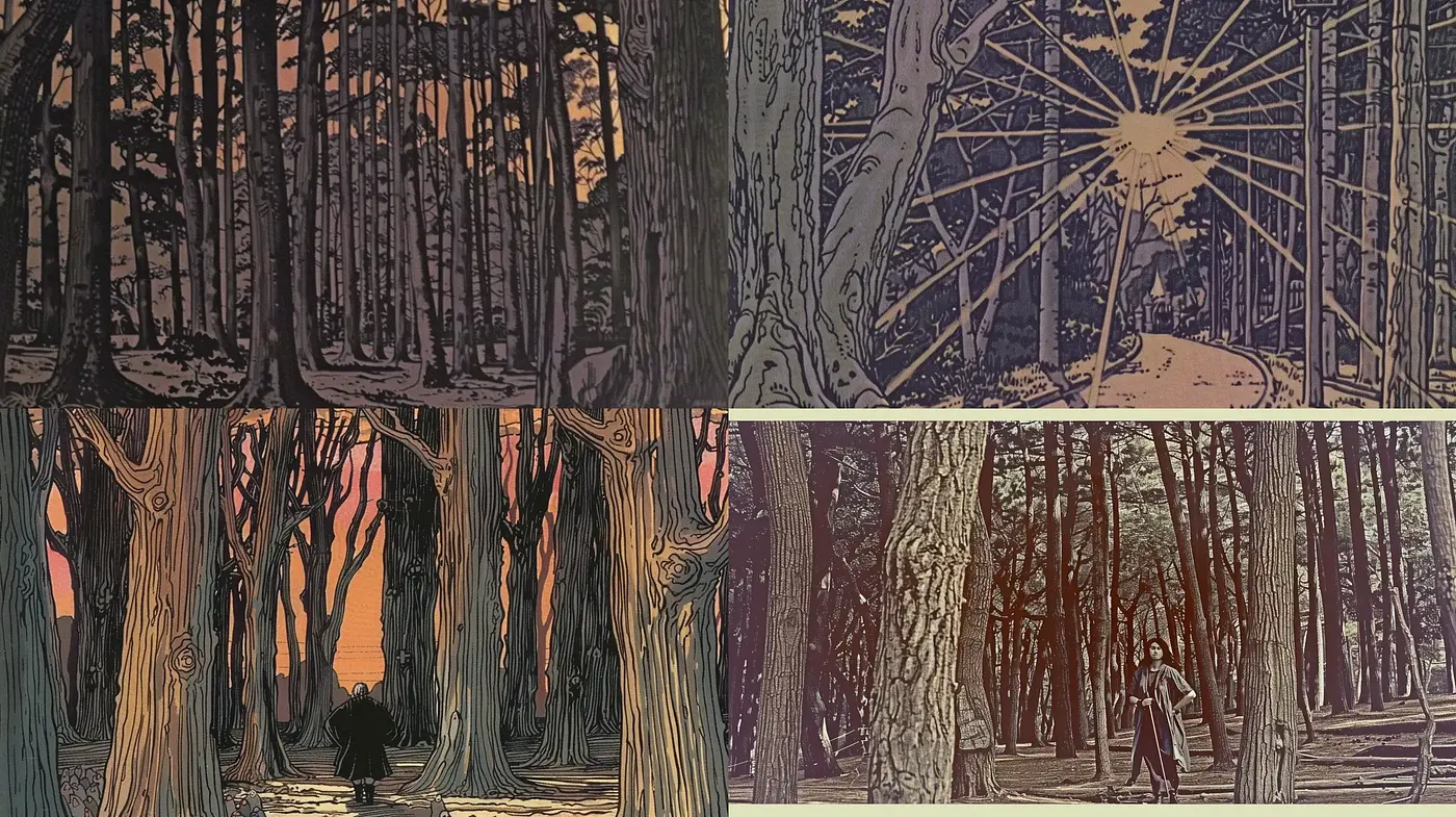 Twilight Hues and Stylized Arboreal Silhouettes - Midjourney sref style