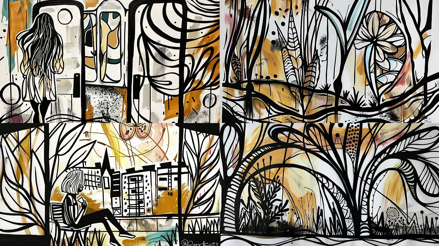Abstract Fusion of Nature and Urbanism in Monochrome with Gold Accents - Midjourney sref style