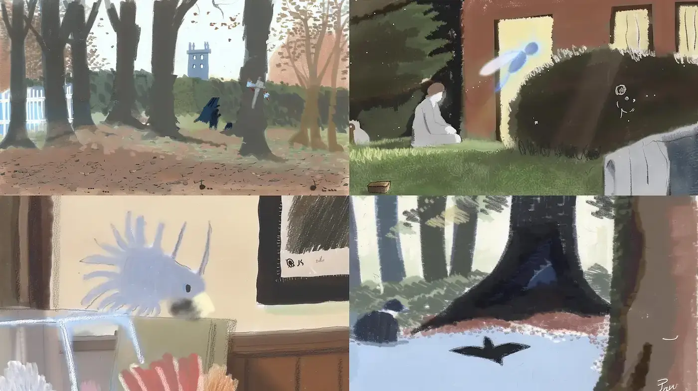 Whimsical and Softly Textured Illustrations with a Playful Color Palette - Midjourney sref style