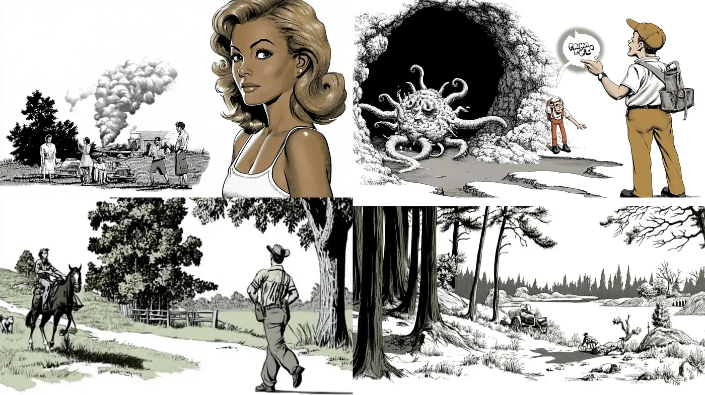 Monochromatic Nostalgia Meets Contemporary Comic Book Flair - Midjourney sref style