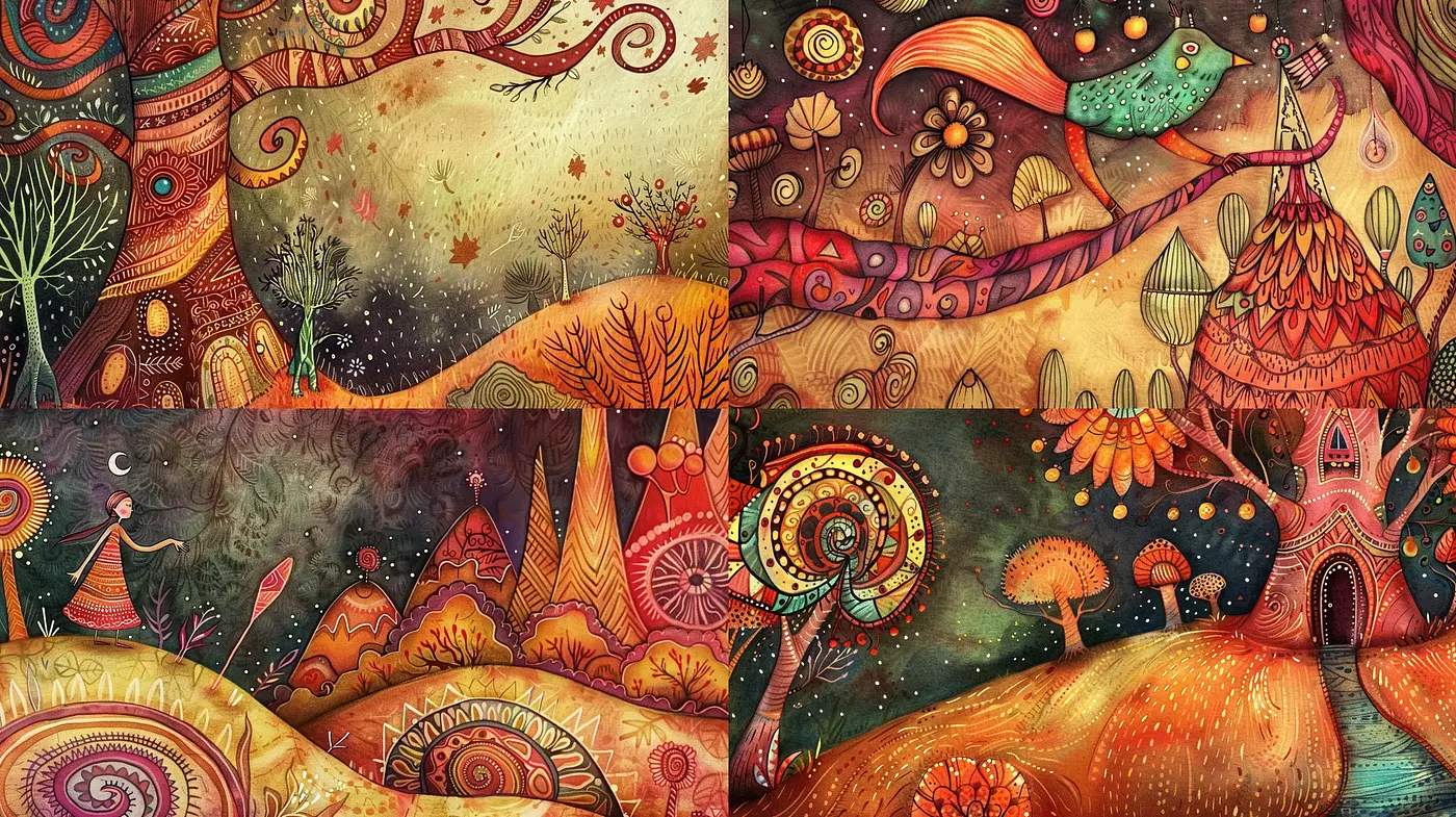 Enchanted Forest Whimsy: A Fusion of Organic Textures and Kaleidoscopic Patterns - Midjourney sref style