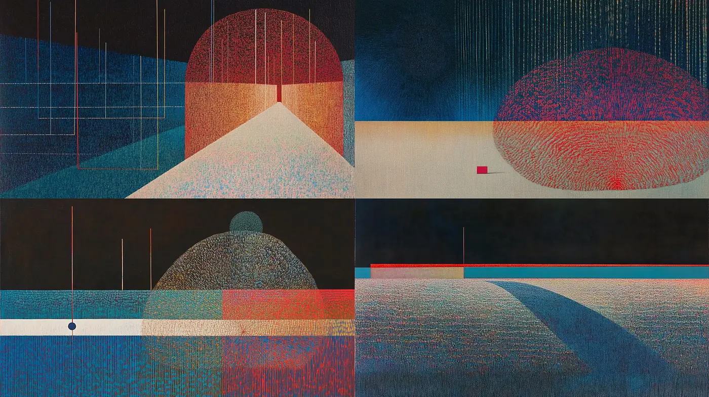 Textural Geometric Synthesis: An Exploration of Mood through Abstract Forms and Hues - Midjourney sref style