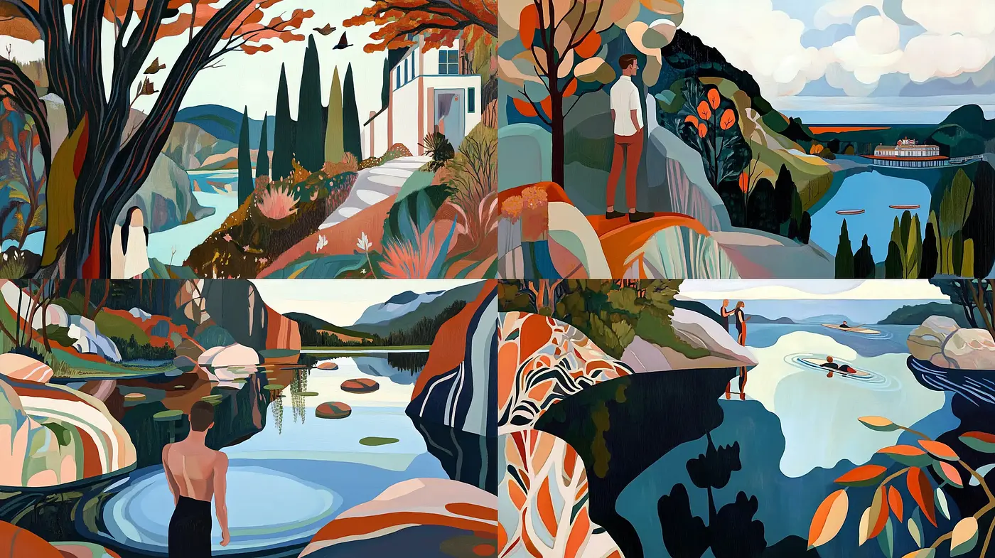 Idyllic Serenity: Reflections of a Stylized Pastoral Landscape - Midjourney sref style