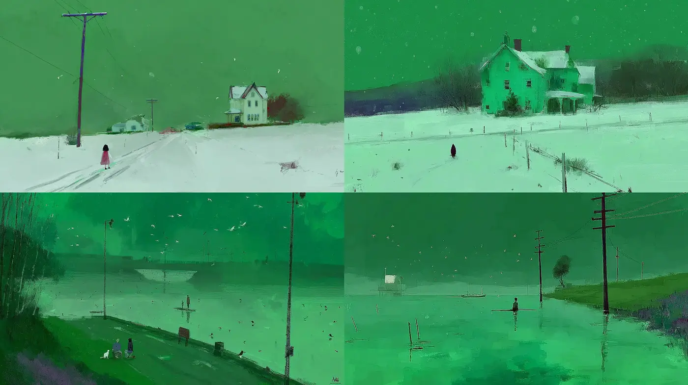Surrealist Winter Landscapes with Distinctive Color Harmony - Midjourney sref style