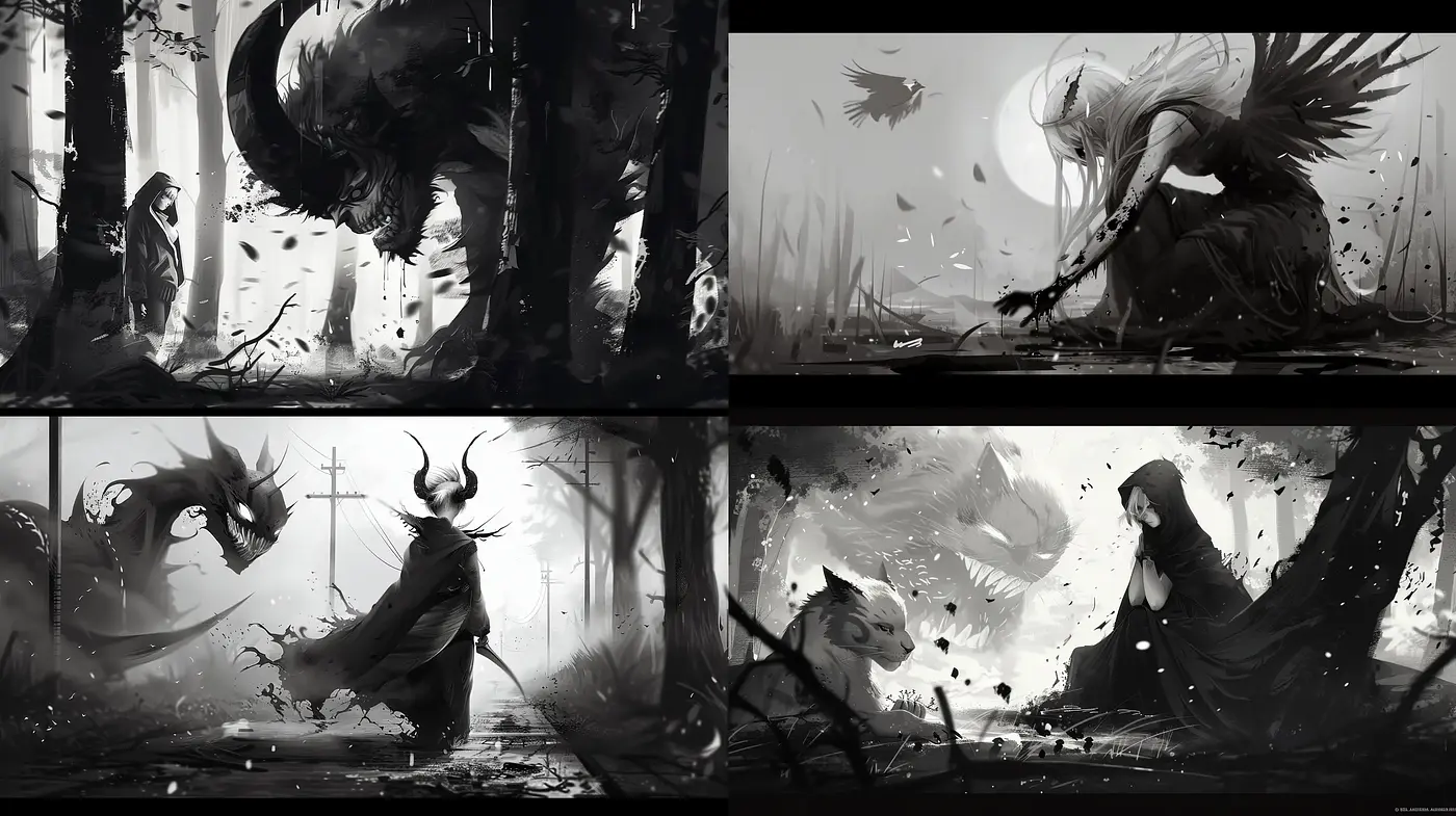 Monochromatic Ethereal Realms: Strokes of Myth and Drama - Midjourney sref style