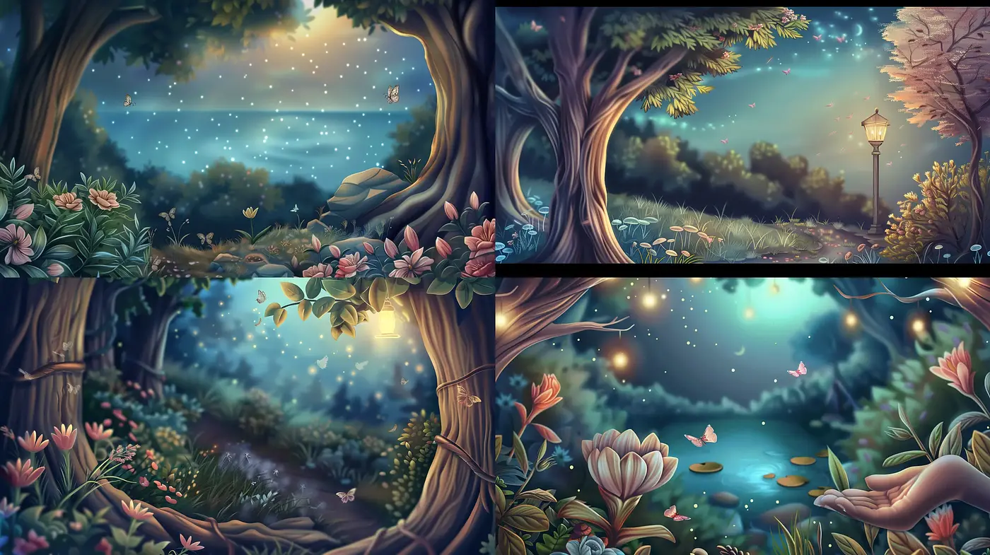 Enchanted Twilight Gardens: A Fantastical Artistic Journey - Midjourney sref style