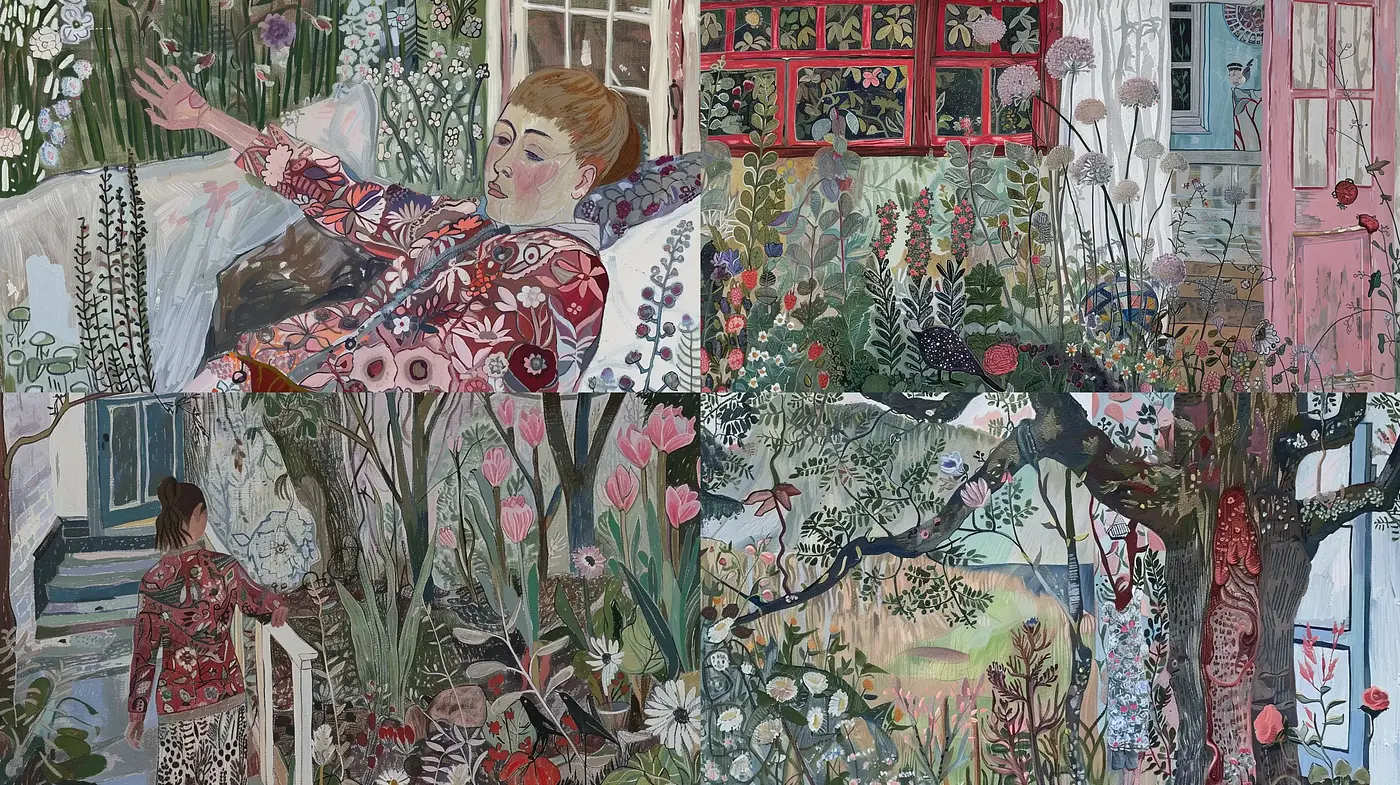 Whimsical Botanical Wonderland: A Fusion of Nature and Serene Human Presence - Midjourney sref style