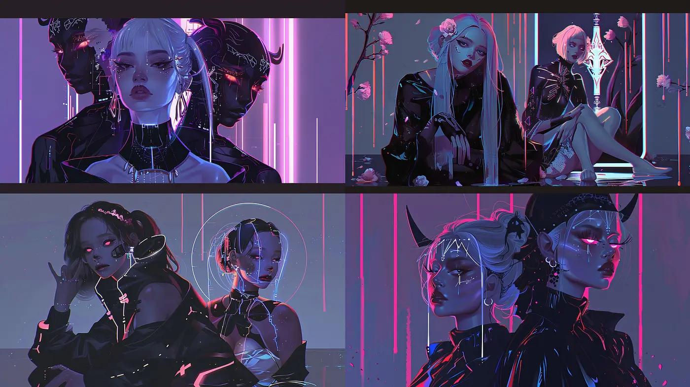 Cyber-Noir Reverie: A Synthesis of Neon Glow and Futuristic Elegance - Midjourney sref style
