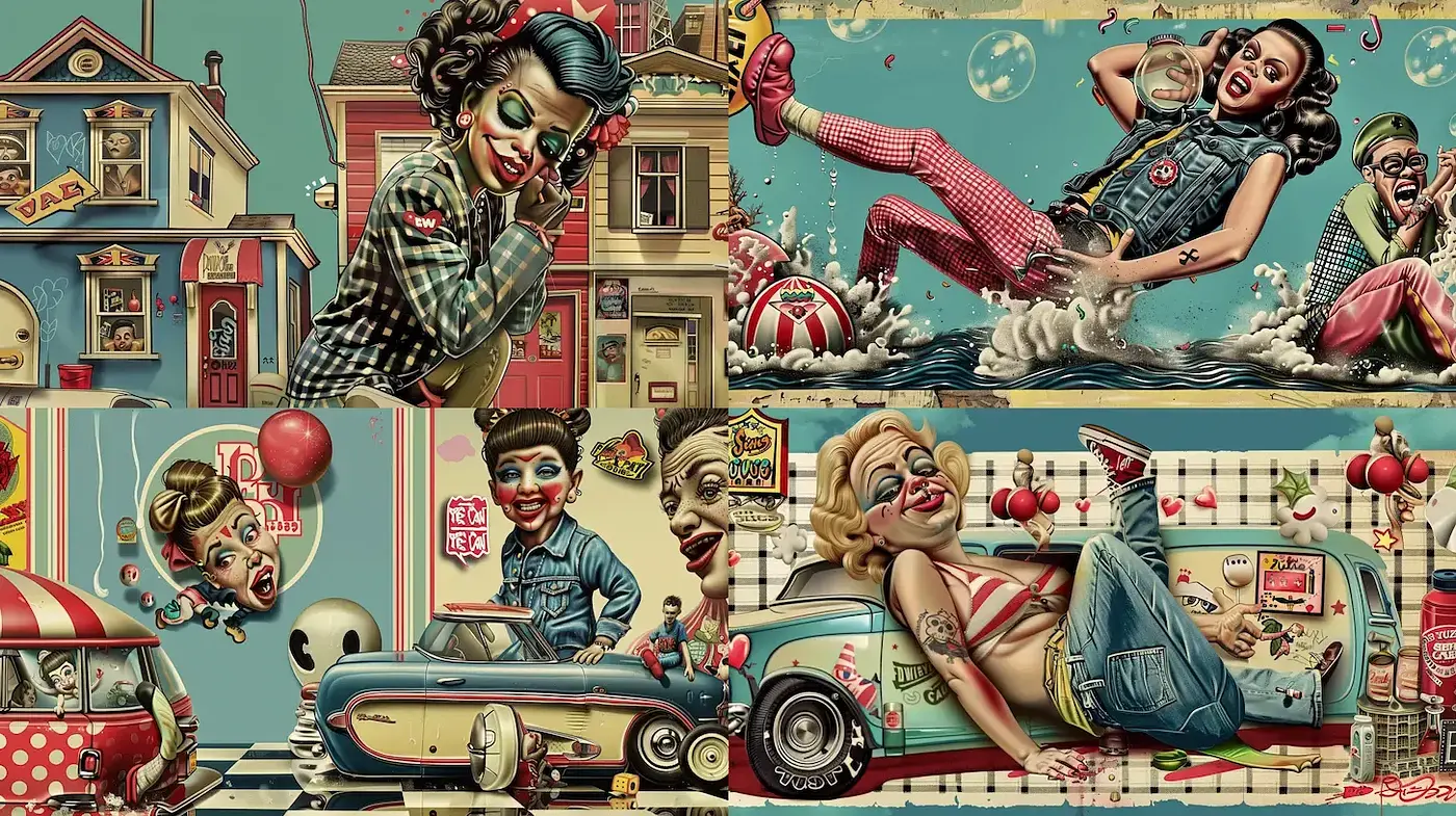 Retro Comic Extravaganza: A Fusion of Vintage Pop Art and Surrealist Twists - Midjourney sref style