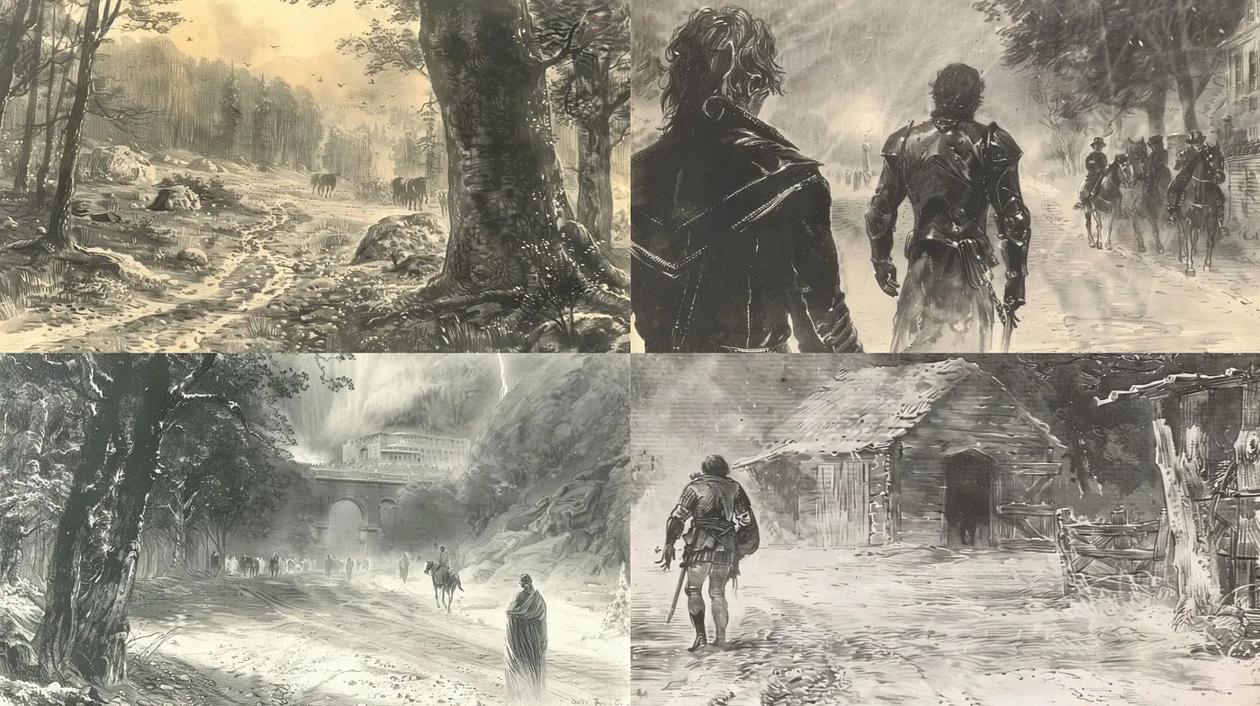 Echoes of Past Eras: A Monochromatic Journey Through Stylized Landscapes and Figurative Nostalgia - Midjourney sref style
