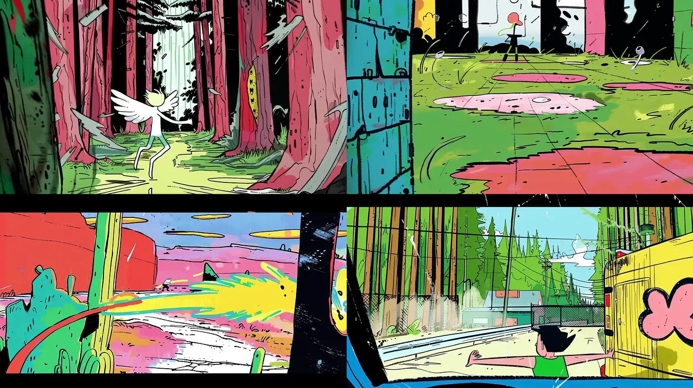 Whimsical Dreamscape Fusion with Vibrant Comic Book Aesthetics - Midjourney sref style