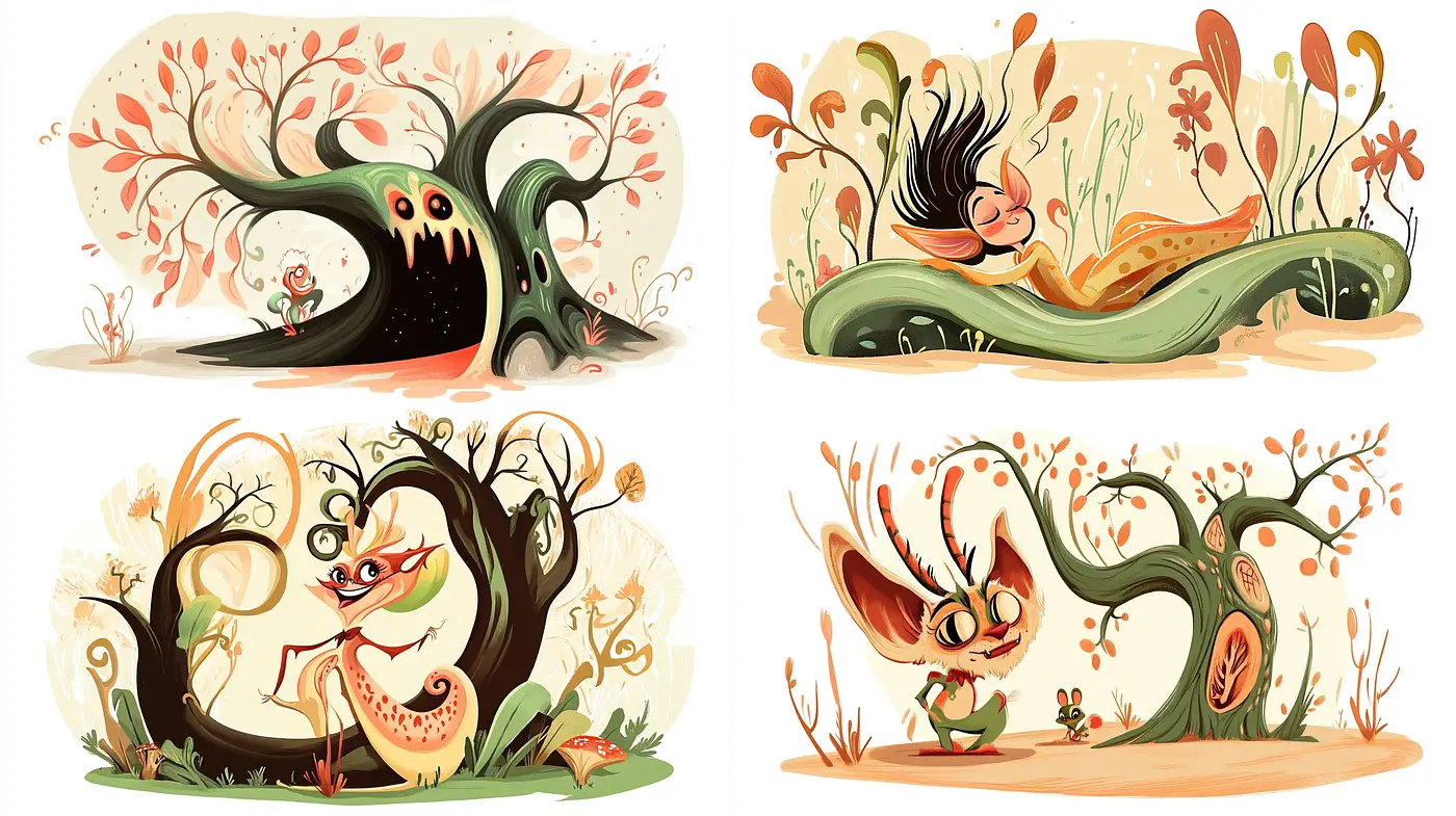 Whimsical Fauna in Autumn Hues: A Fusion of Abstract Forms and Nature - Midjourney sref style