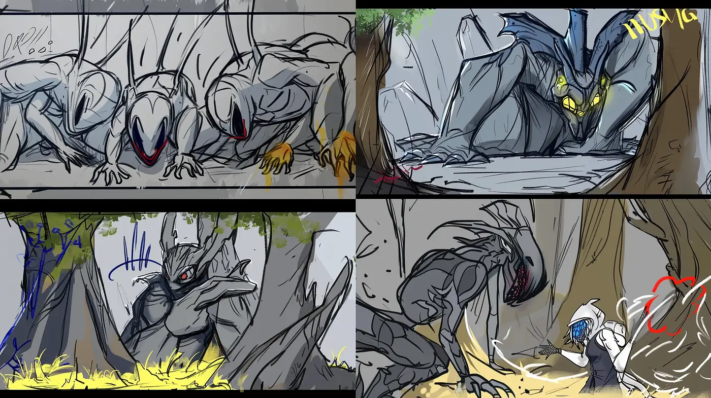 Sketch-like Fantasy Creature Design with Dynamic Lines and Hues - Midjourney sref style