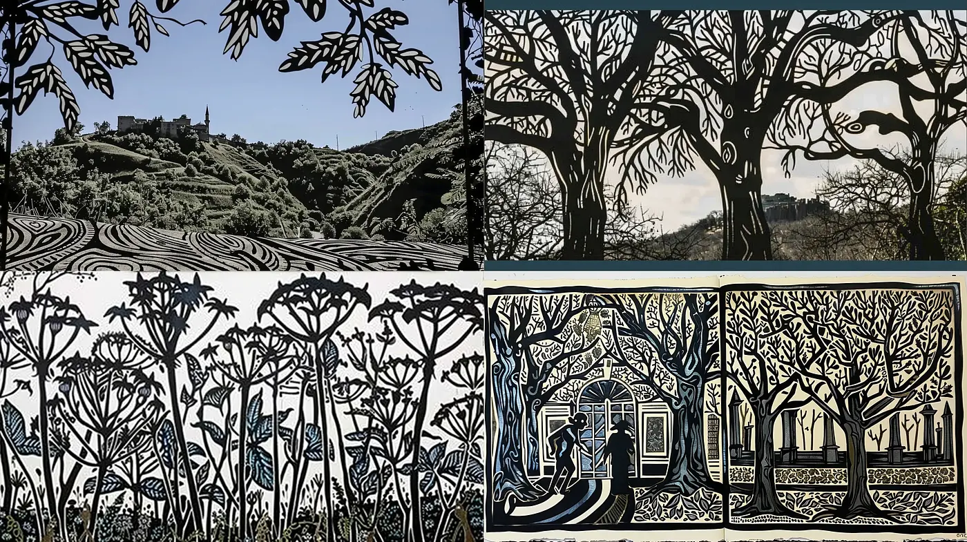 Monochromatic Narrative of Stylized Botanical Silhouettes - Midjourney sref style
