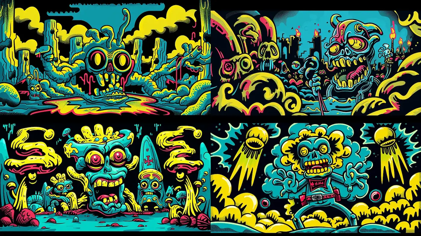 Vibrant and whimsical grotesque landscapes with a surreal twist - Midjourney sref style