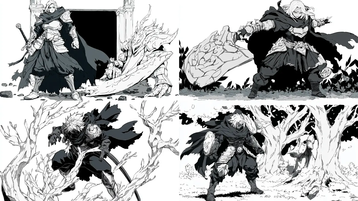 Monochrome Dynamic Fantasy Illustration Style - Midjourney sref style