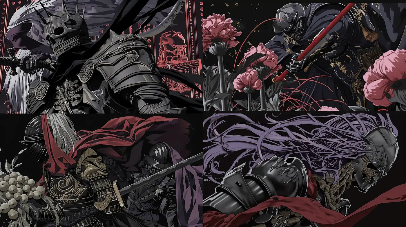 Dark Fantasy Illustrations with Emphasis on Armor and Floral Elements - Midjourney sref style