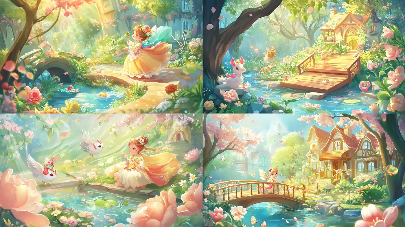 Enchanted Pastoral Dreamscapes: A Whimsical Fusion of Luminance and Bloom - Midjourney sref style