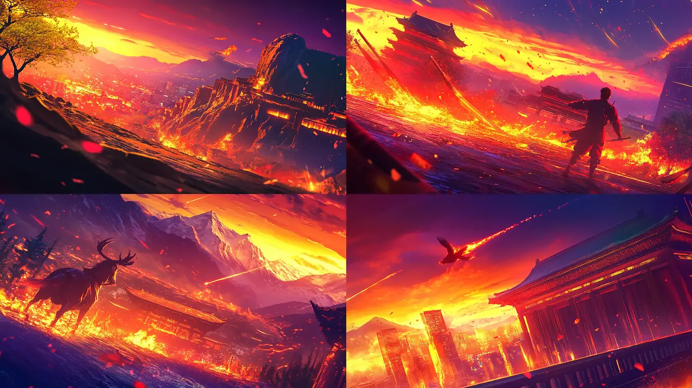 Dramatic Crimson Twilight: An Homage to Fiery Elegance - Midjourney sref style