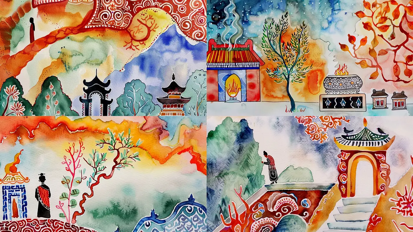 Whimsical Watercolor Dreamscape with Asian Architectural Motifs - Midjourney sref style