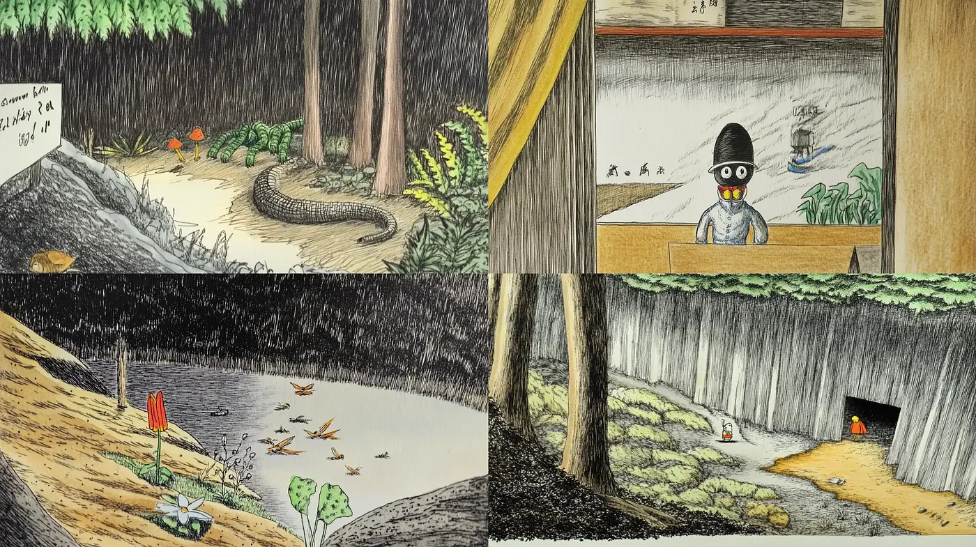 Graphite Sketchbook Chronicles: Textured Tale of Nature and Mystery - Midjourney sref style
