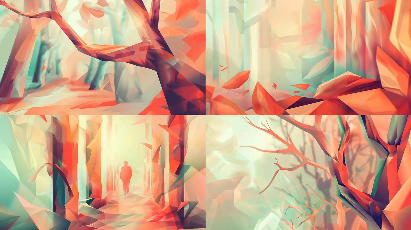 Luminous Geometric Arboreal Dreamscapes: A Synthesis of Warm Hues and Stylized Natural Textures - Midjourney sref style