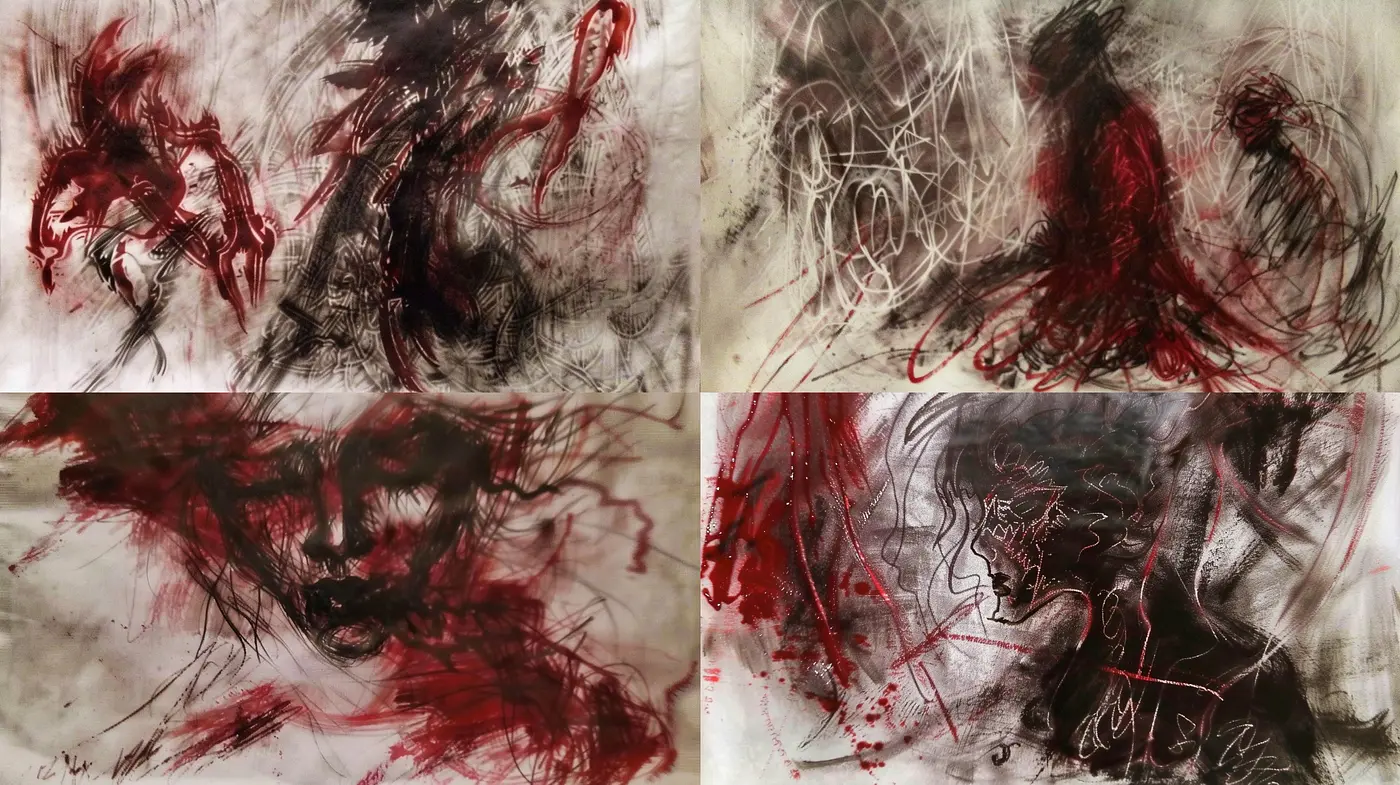 Ethereal Whispers of Red on Monochrome: A Study in Abstract Expressionism - Midjourney sref style