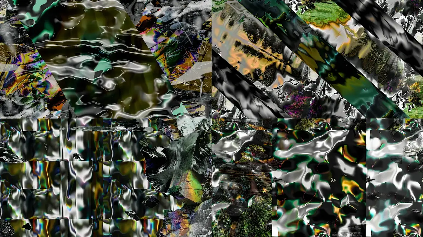 Dynamic and Textural Abstract Visuals with Metallic Influences - Midjourney sref style
