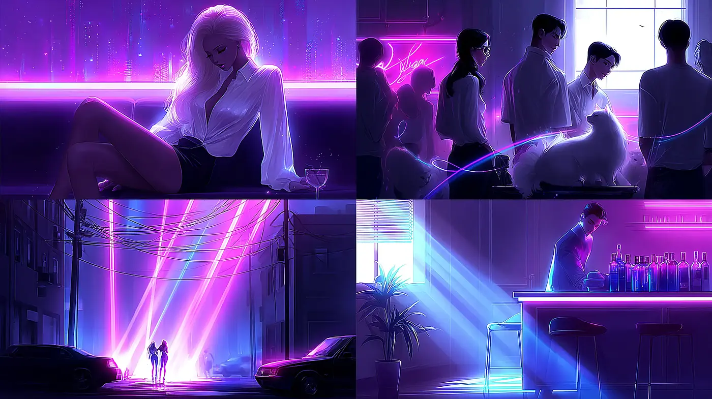 Futuristic Neon Noir Aesthetic with Retro Influences - Midjourney sref style