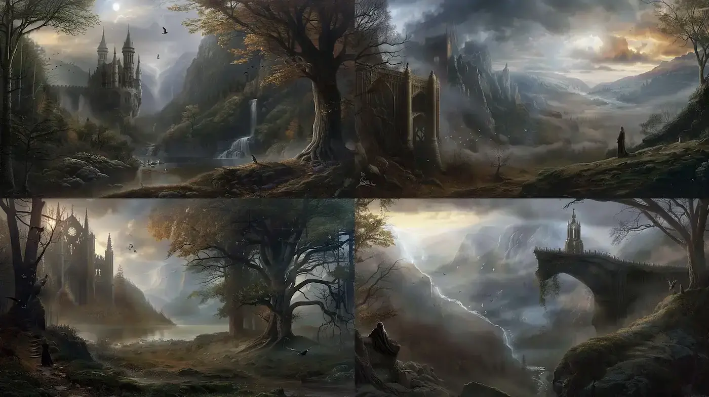 Ethereal and Enigmatic Fantasy Landscapes with Atmospheric Depth - Midjourney sref style