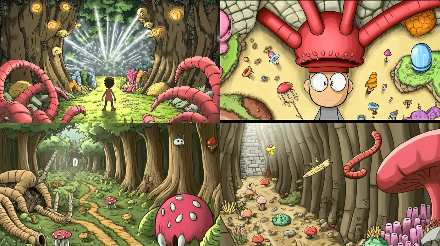 Whimsical Forest Journey: A Fusion of Vivid Colors and Cartoonish Charm - Midjourney sref style