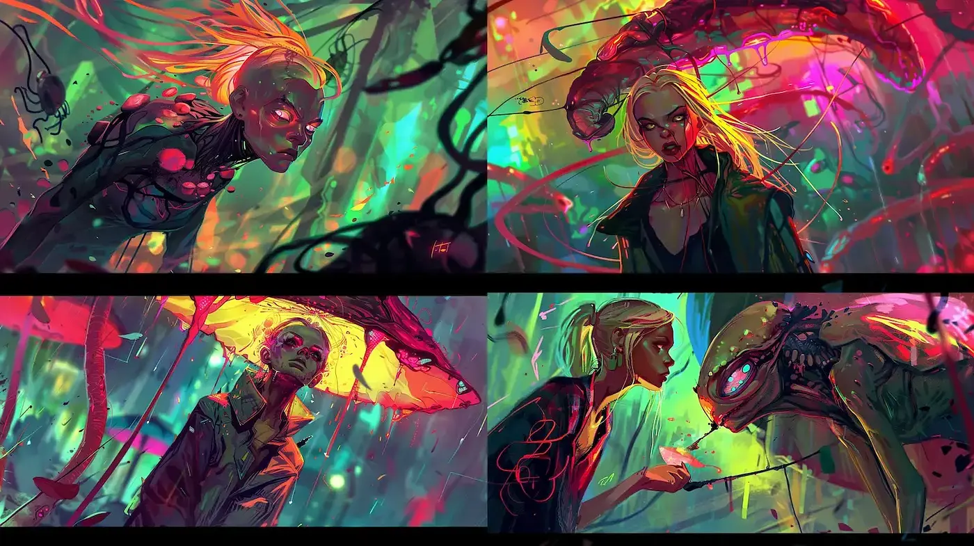 Ethereal Digital Art with Vibrant Colors and Distinctive Character Design - Midjourney sref style